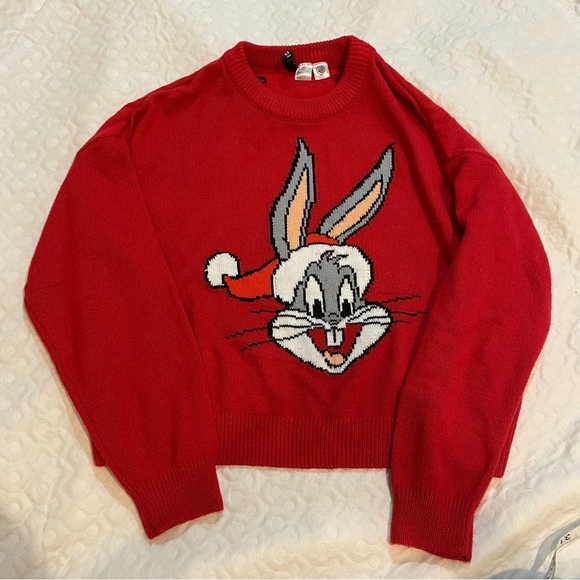 H&M Divided Bugs Bunny Women’s Red Christmas Sweater Santa XS/S Oversized Crop - Picture 1 of 8
